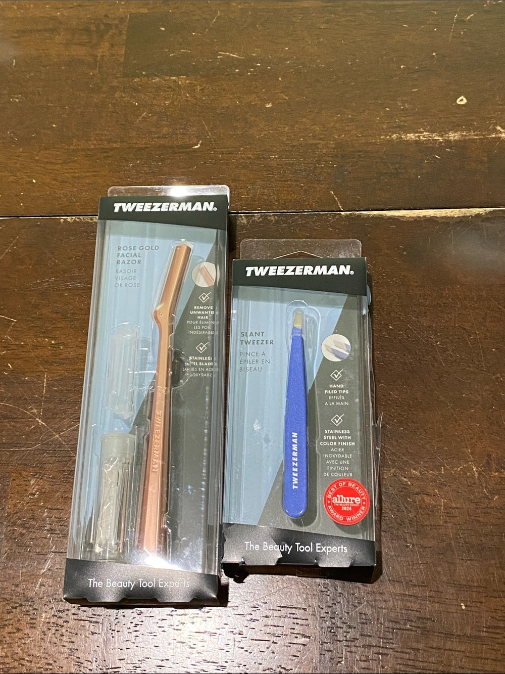 Tweezerman Rose Gold Facial Razor & Blue Slant Tweezer Set. NIB